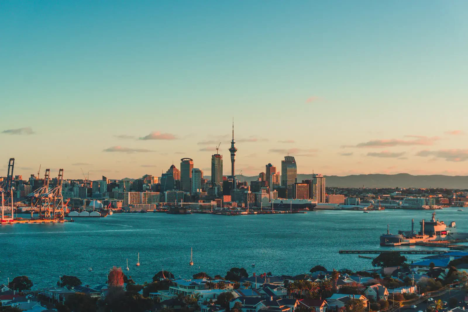 Auckland skyline and Sky Tower overlooking the harbour