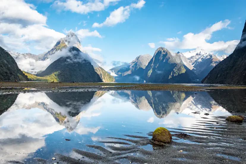 Mountain scenery and the waters of Milford Sound on New Zealand's South Island